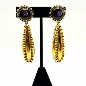 Vintage Rose Benedetti Oversized Gold Tone Millefiori Dangle Clip On Earrings 3”